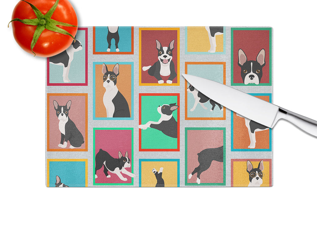 Lots of Boston Terrier Cutting Board Tempered Glass Kitchen Cutting Surface, Heat Resistant Chopping, Non-Slip Feet, Food Prep & Serving