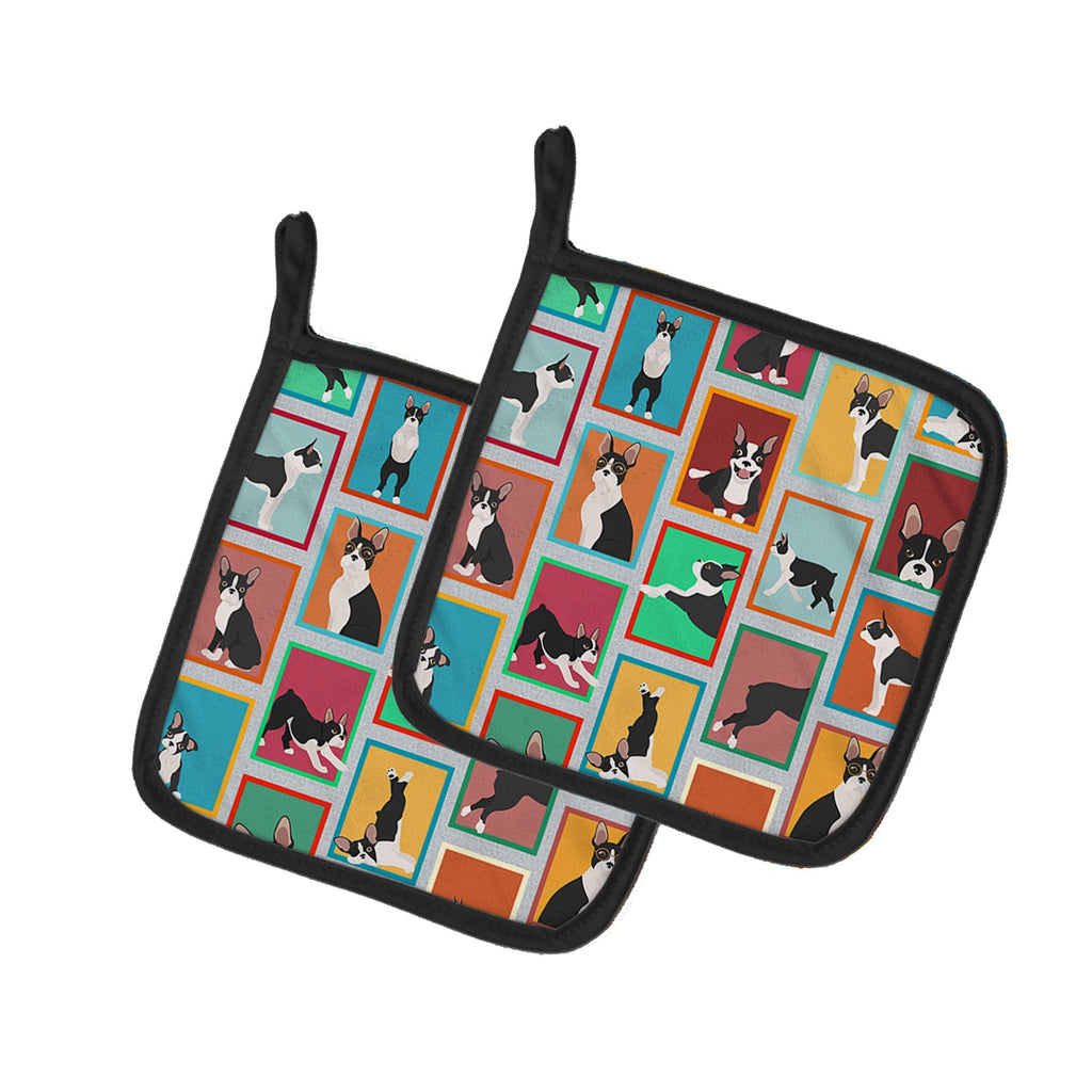 Lots of Boston Terrier Pot Holder Set of 2 Heat Resistant Quilted Hot Pads 7.5 x 7.5 Inch, Insulated Kitchen Trivets for Cooking & Baking