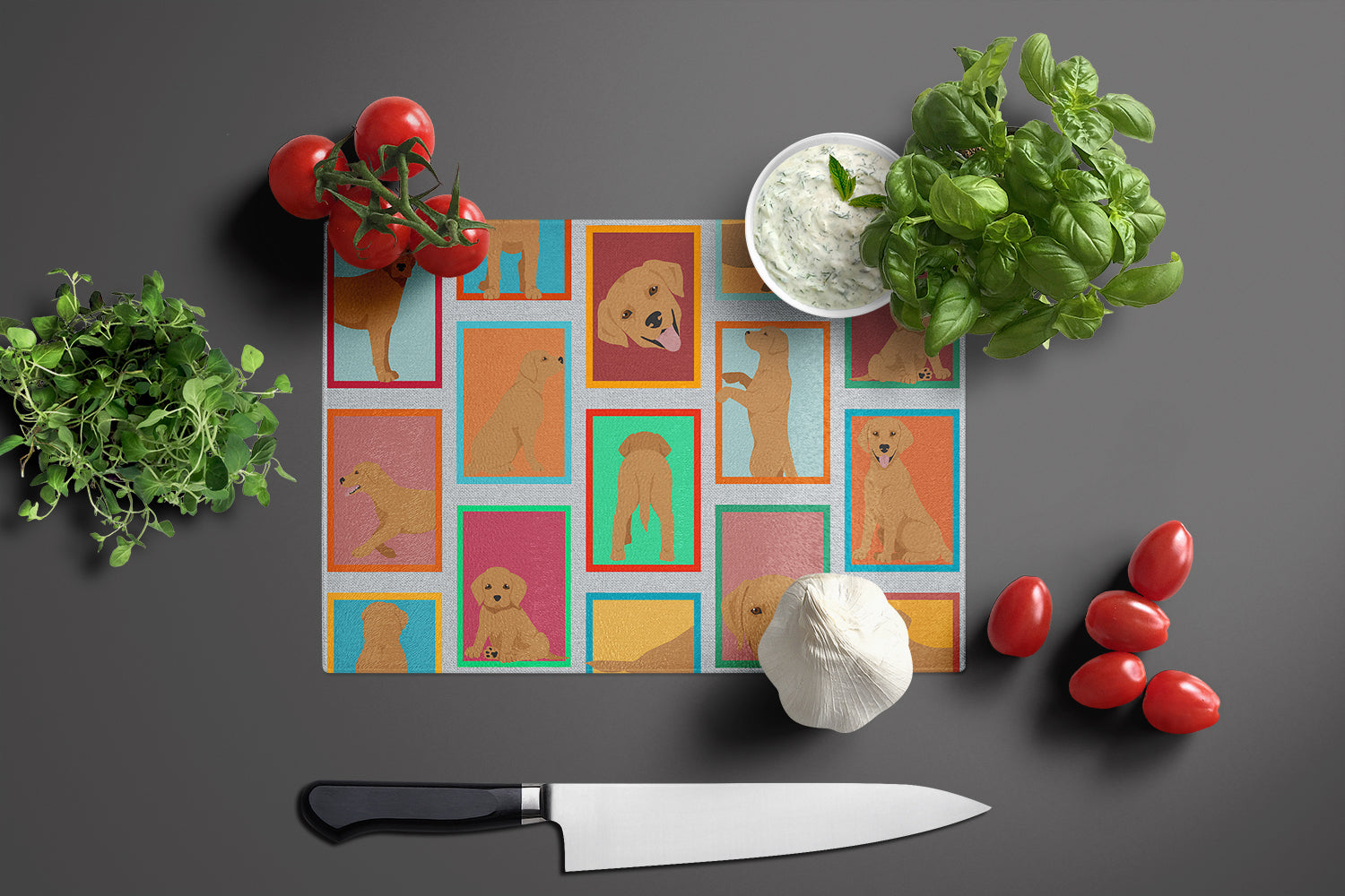 Lots of Red Fox Labrador Retriever Cutting Board Tempered Glass Kitchen Cutting Surface, Heat Resistant Chopping, Non-Slip Feet, Food Prep & Serving