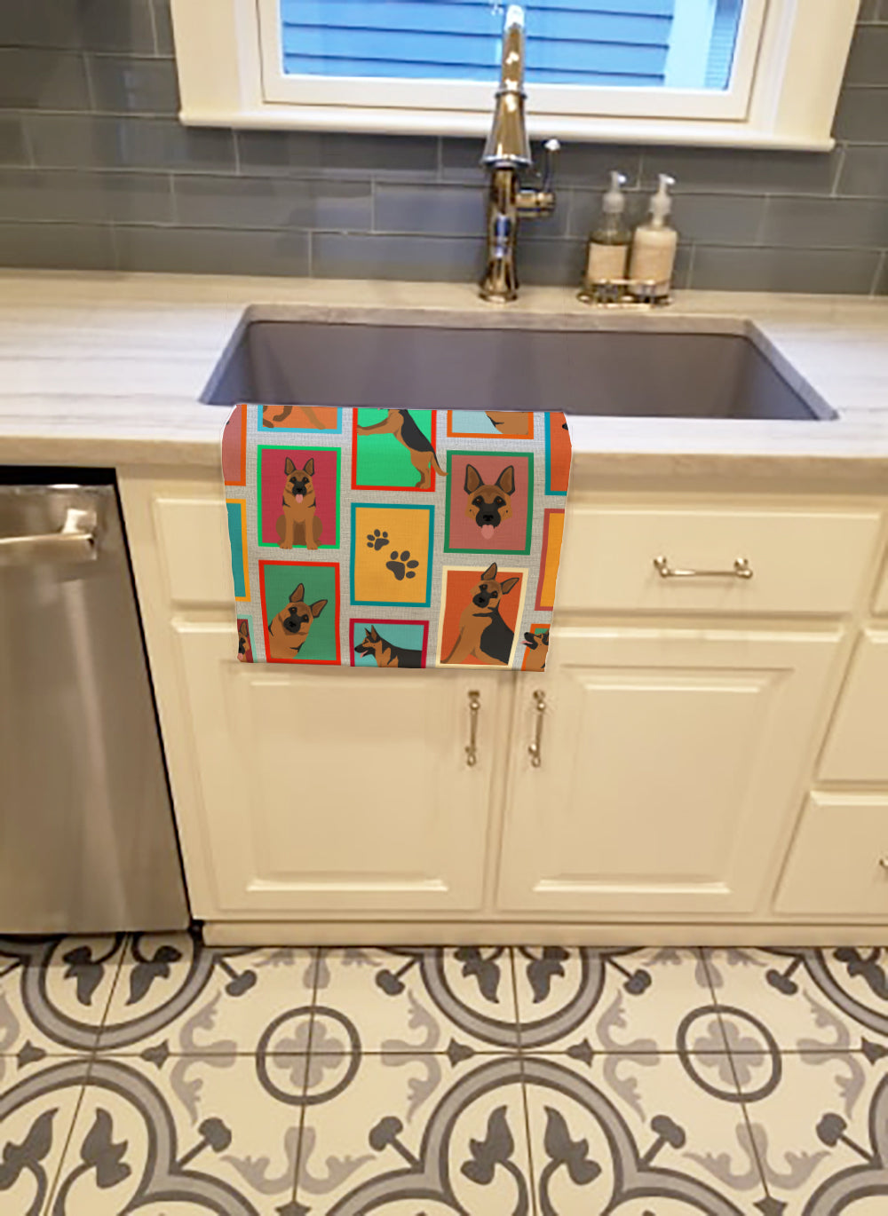 Lots of German Shepherd Kitchen Towel Velour Plush Front and Cotton Loop Back Machine Washable