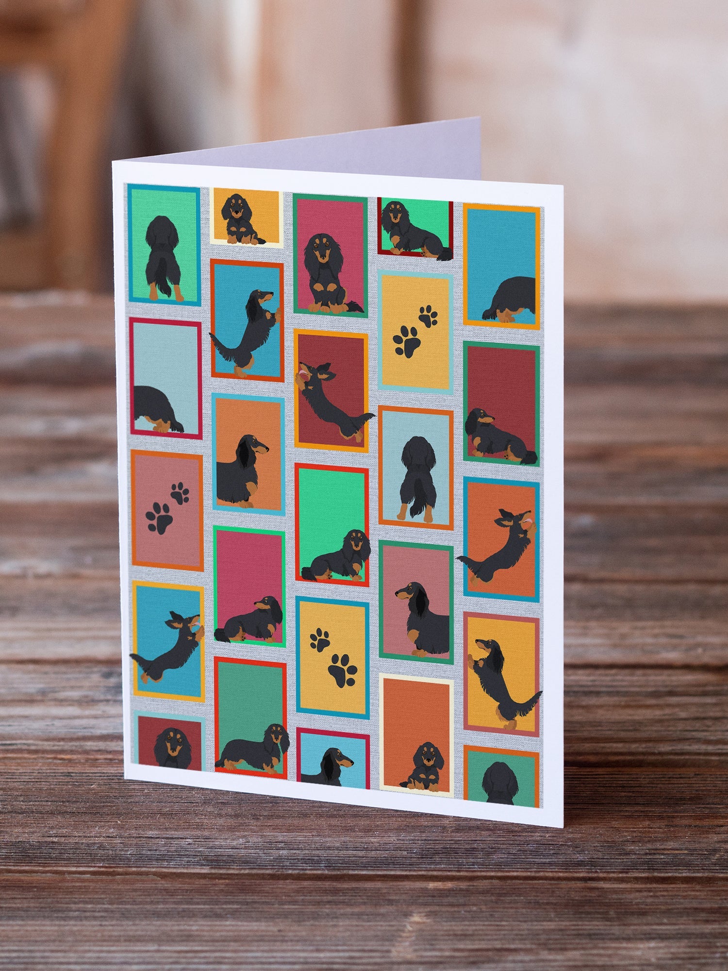 Lots of Longhaired Black Tan Dachshund Greeting Cards Pack of 8 Blank Cards with Envelopes Whimsical A7 Size 5x7