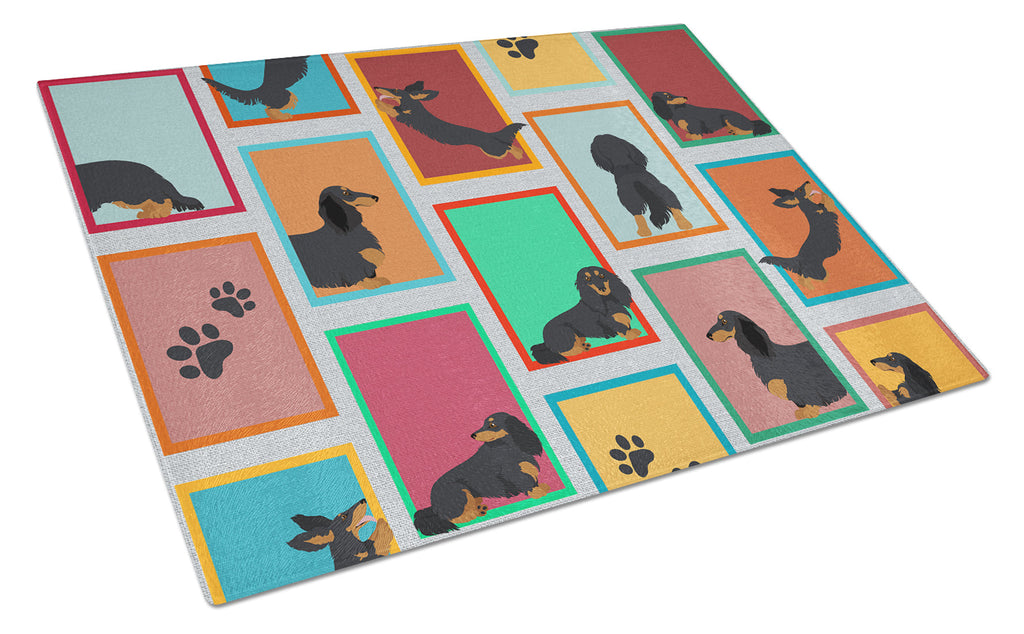 Lots of Longhaired Black Tan Dachshund Cutting Board Tempered Glass Kitchen Cutting Surface, Heat Resistant Chopping, Non-Slip Feet, Food Prep & Serving