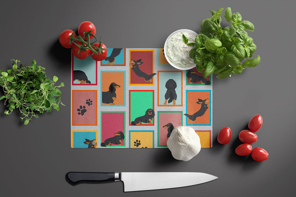 Lots of Longhaired Black Tan Dachshund Cutting Board Tempered Glass Kitchen Cutting Surface, Heat Resistant Chopping, Non-Slip Feet, Food Prep & Serving