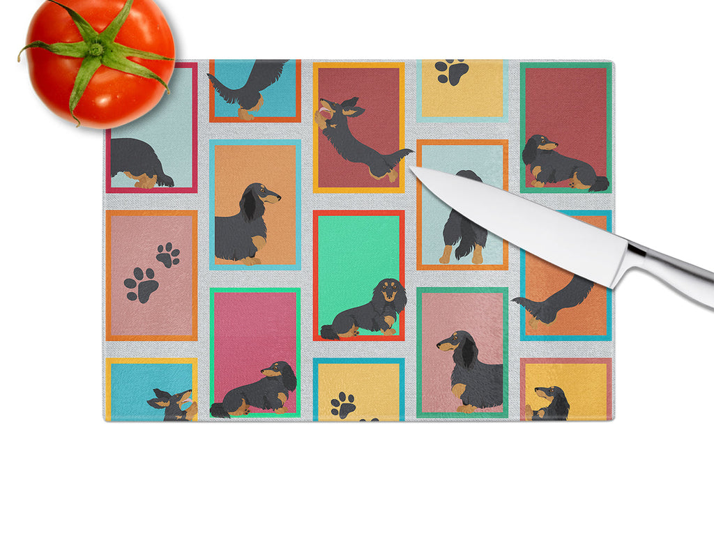 Lots of Longhaired Black Tan Dachshund Cutting Board Tempered Glass Kitchen Cutting Surface, Heat Resistant Chopping, Non-Slip Feet, Food Prep & Serving
