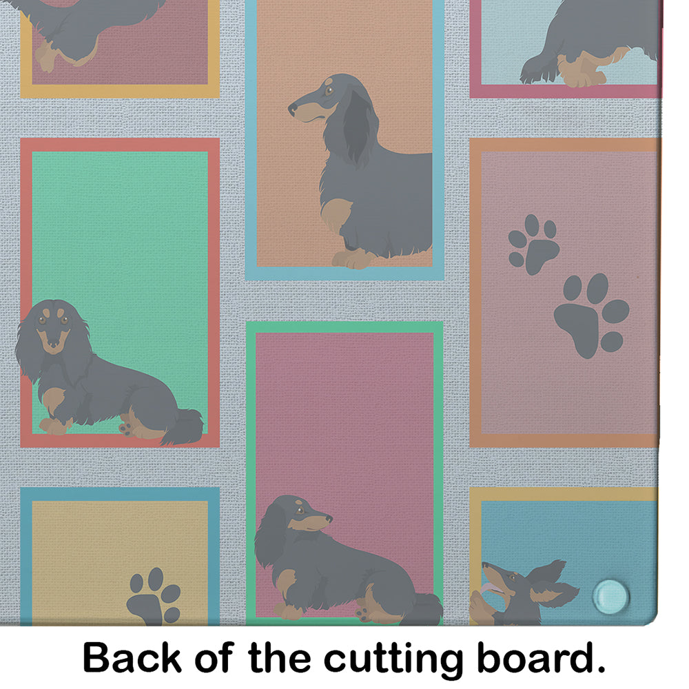 Lots of Longhaired Black Tan Dachshund Cutting Board Tempered Glass Kitchen Cutting Surface, Heat Resistant Chopping, Non-Slip Feet, Food Prep & Serving