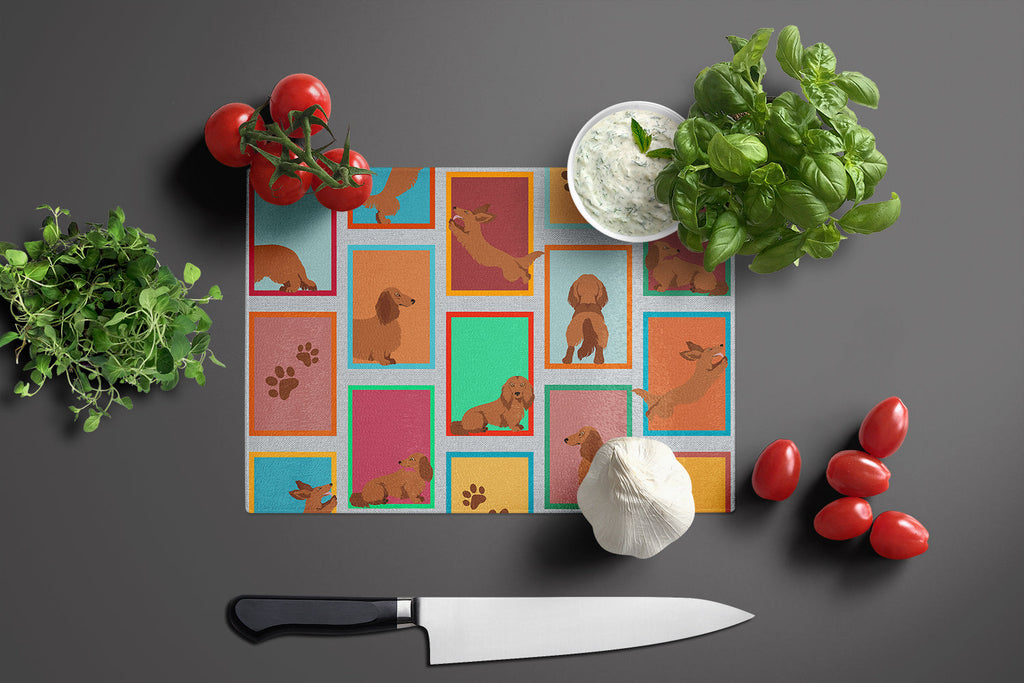 Lots of Longhaired Red Dachshund Cutting Board Tempered Glass Kitchen Cutting Surface, Heat Resistant Chopping, Non-Slip Feet, Food Prep & Serving