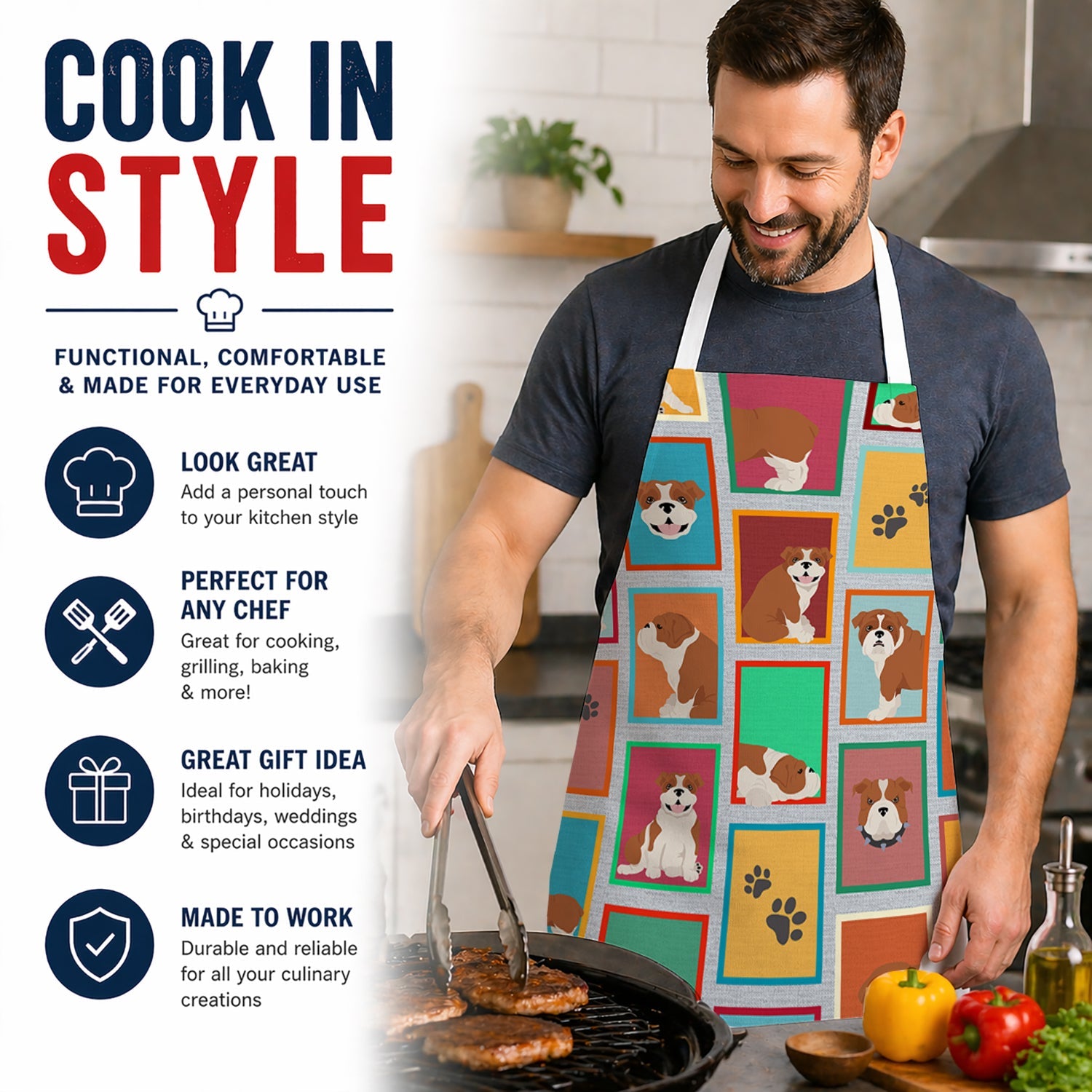 Lots of Red and White English Bulldog Apron Cooking Kitchen Server Baking Crafts Gardening for Adult Women Men, Unisex, Large, Multicolor