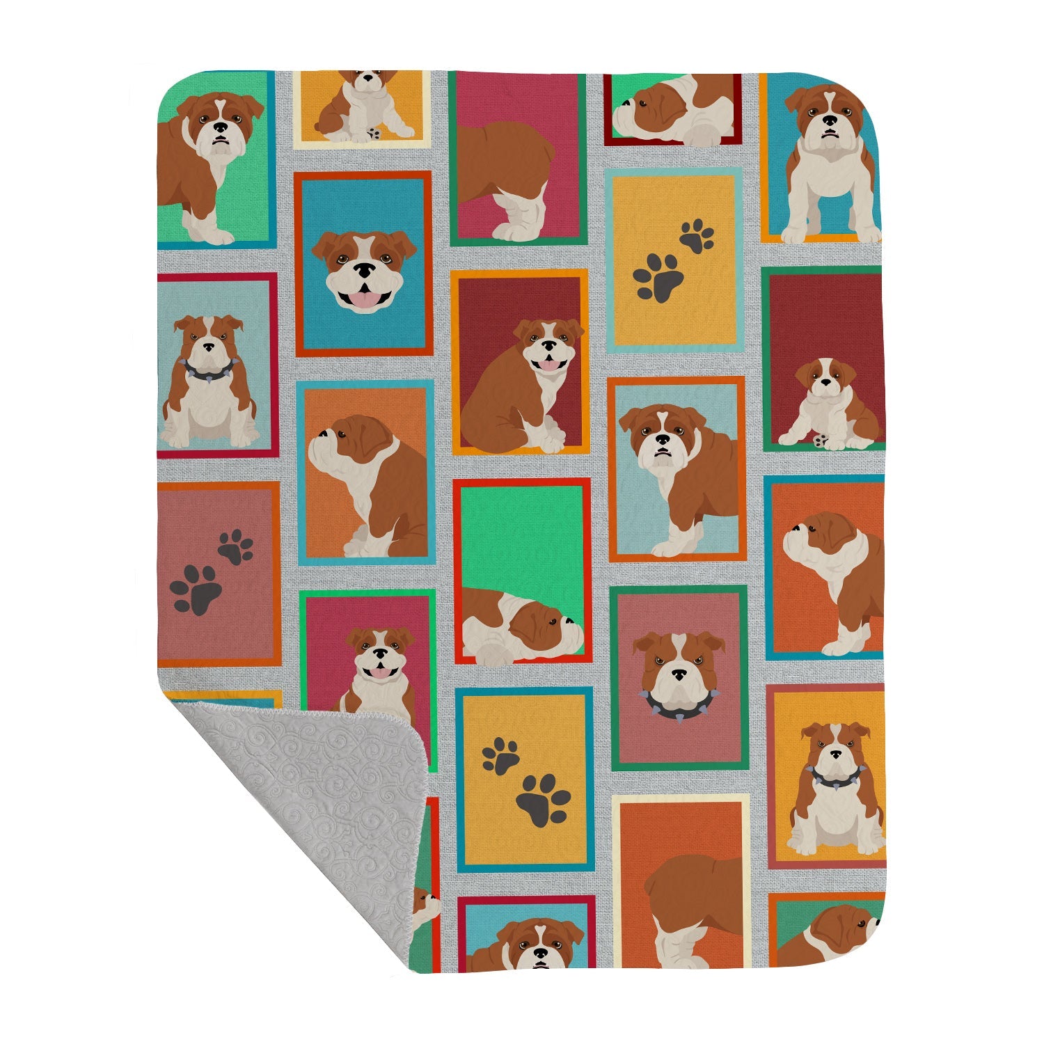 Lots of Red and White English Bulldog Quilted Blanket 50x60 Artwork Pattern Quilted Throw Blanket for Bed, Couch, Sofa, Soft and Lightweight