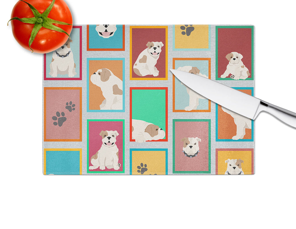 Lots of Piebald English Bulldog Cutting Board Tempered Glass Kitchen Cutting Surface, Heat Resistant Chopping, Non-Slip Feet, Food Prep & Serving