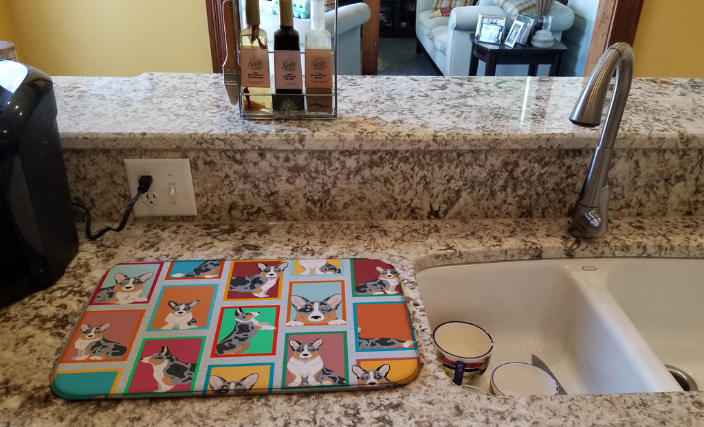Lots of Blue Merle Welsh Cardigan Corgi Dish Drying Mat Absorbent Dish Drying Mat Pad for Kitchen Counter Dish Drainer Mat for Countertop, 14 x 21", Multicolor