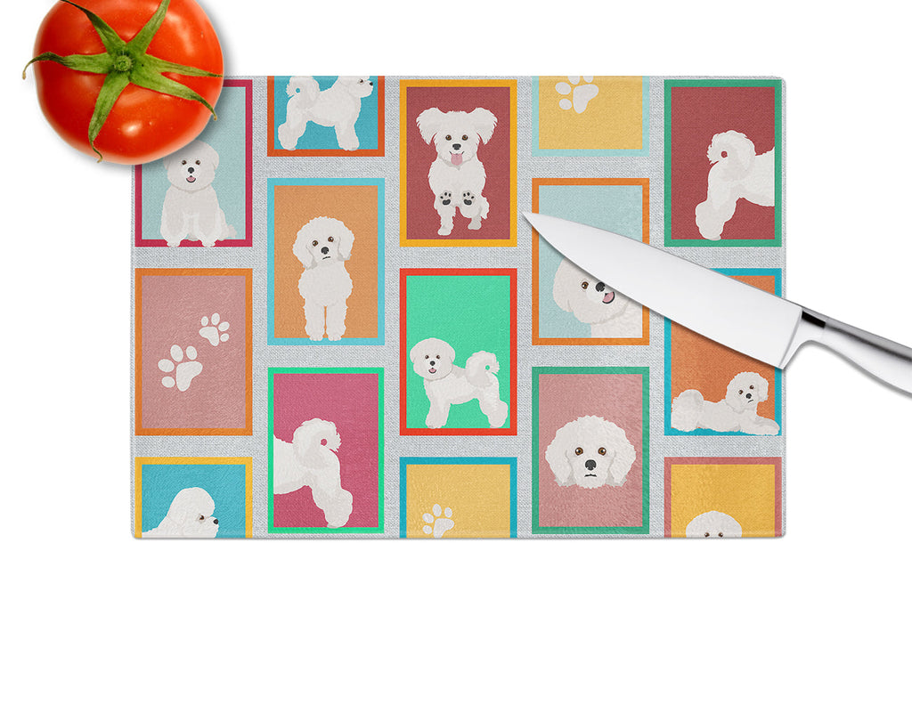 Lots of Bichon Frise Cutting Board Tempered Glass Kitchen Cutting Surface, Heat Resistant Chopping, Non-Slip Feet, Food Prep & Serving