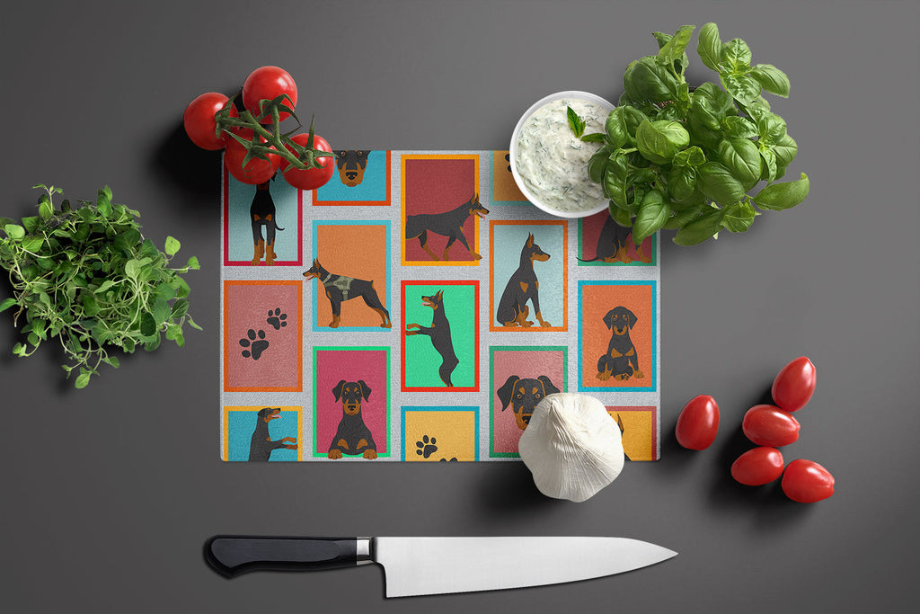 Lots of Doberman Pinscher Cutting Board Tempered Glass Kitchen Cutting Surface, Heat Resistant Chopping, Non-Slip Feet, Food Prep & Serving