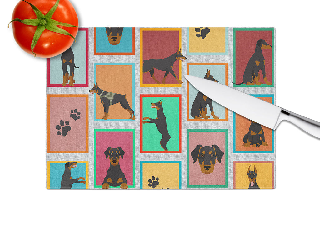 Lots of Doberman Pinscher Cutting Board Tempered Glass Kitchen Cutting Surface, Heat Resistant Chopping, Non-Slip Feet, Food Prep & Serving