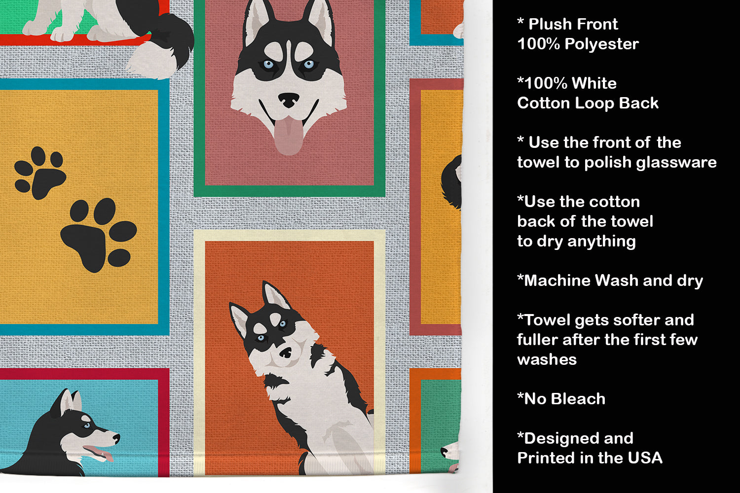 Lots of Siberian Husky Kitchen Towel Velour Plush Front and Cotton Loop Back Machine Washable