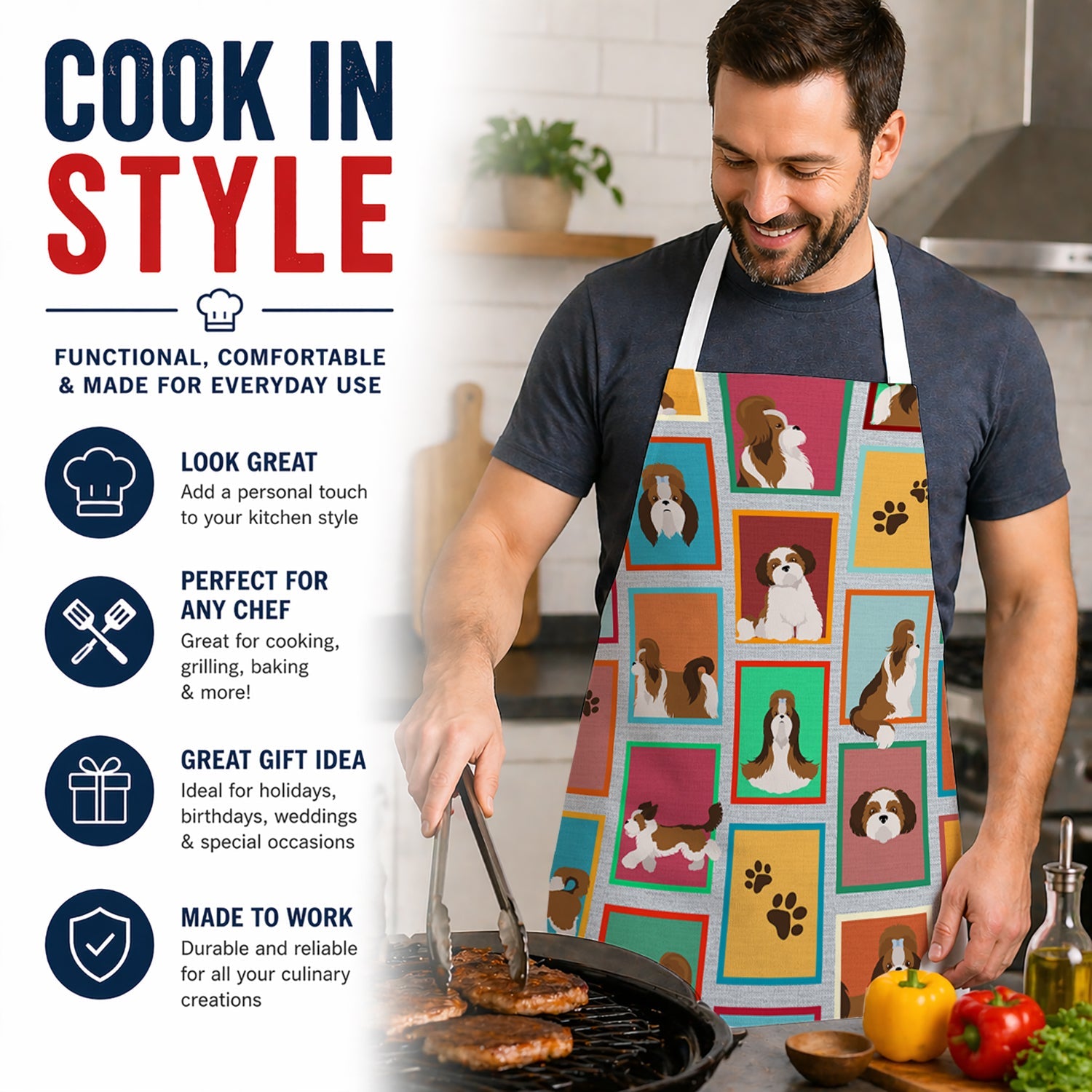Lots of Shih Tzu Apron Cooking Kitchen Server Baking Crafts Gardening for Adult Women Men, Unisex, Large, Multicolor