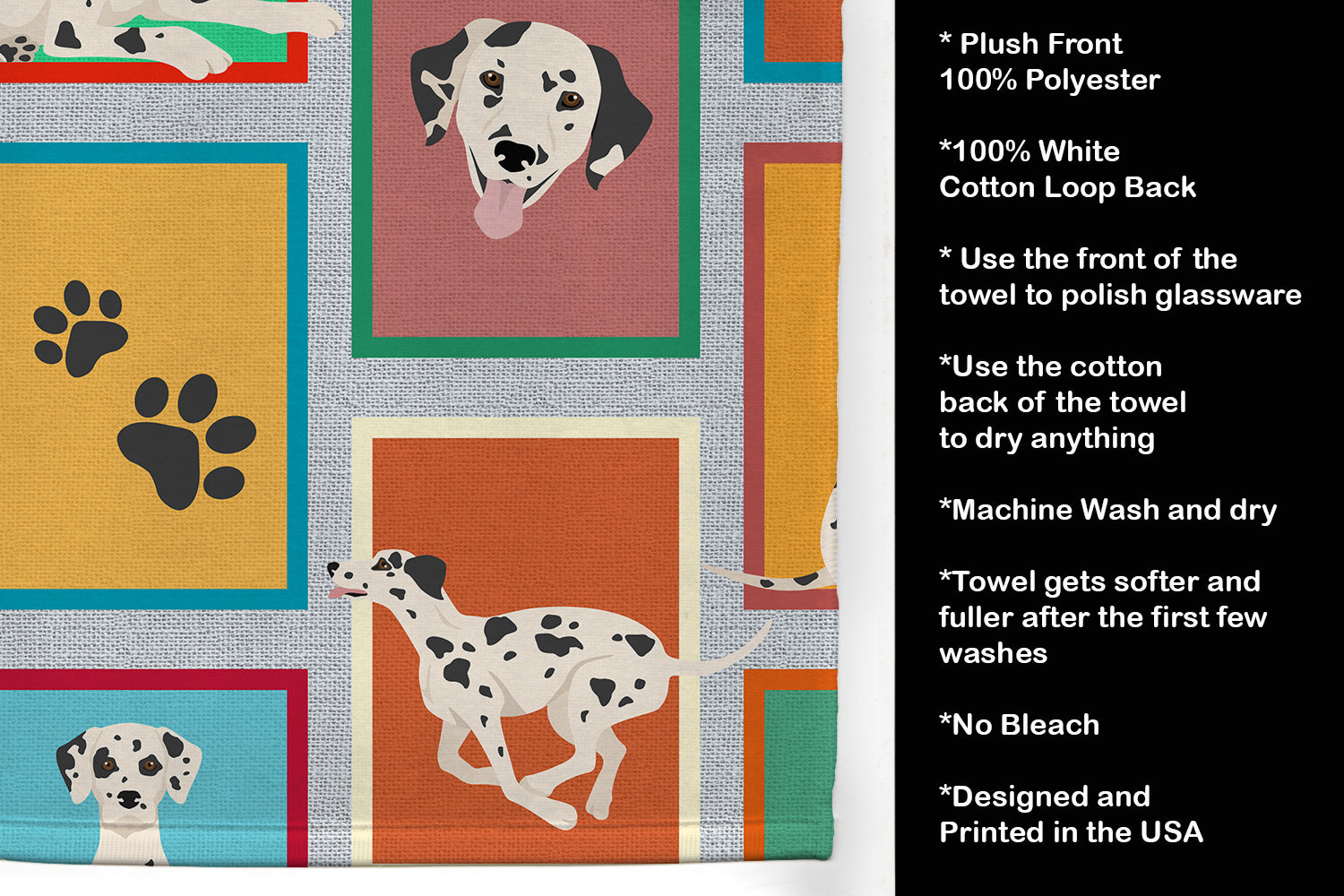 Lots of Dalmatian Kitchen Towel Velour Plush Front and Cotton Loop Back Machine Washable