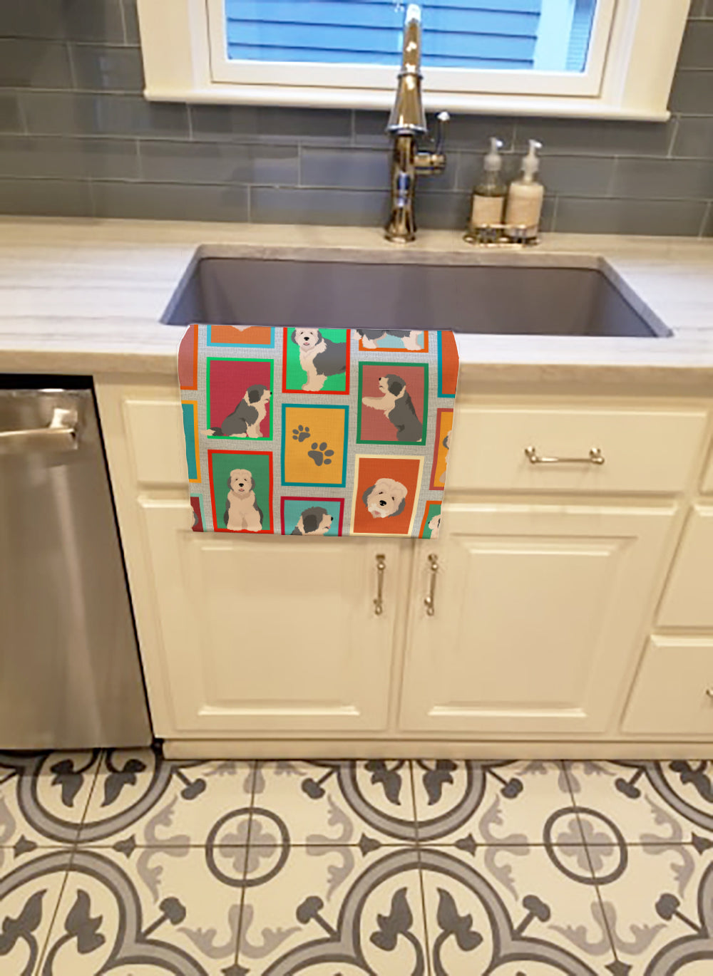 Lots of Old English Sheepdog Kitchen Towel Velour Plush Front and Cotton Loop Back Machine Washable