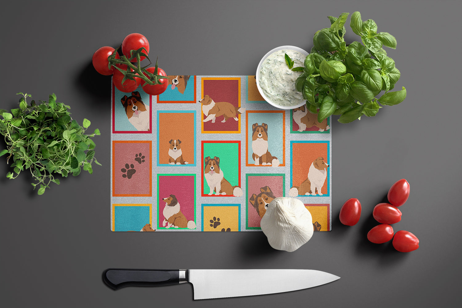 Lots of Sheltie Cutting Board Tempered Glass Kitchen Cutting Surface, Heat Resistant Chopping, Non-Slip Feet, Food Prep & Serving