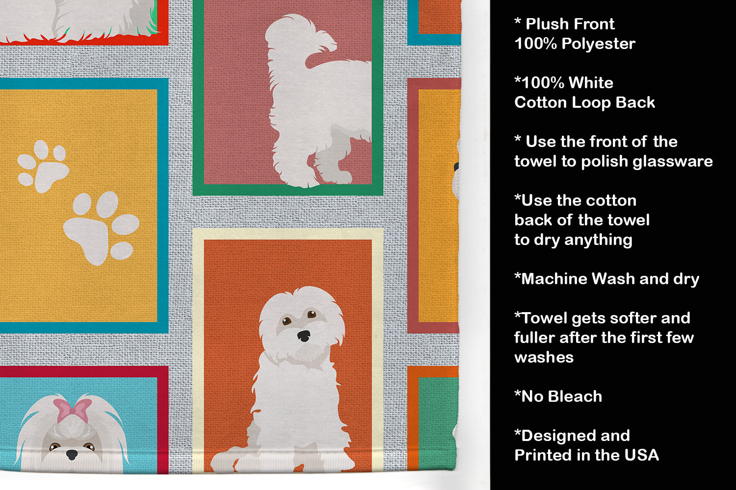 Lots of Maltese Kitchen Towel Velour Plush Front and Cotton Loop Back Machine Washable