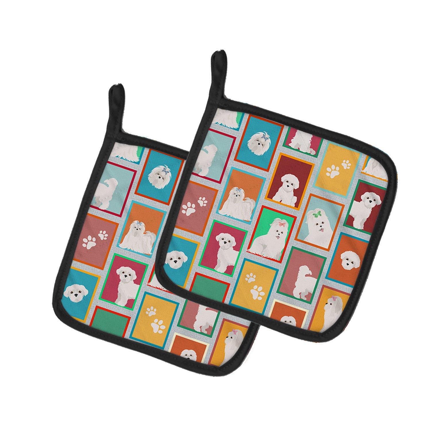 Lots of Maltese Pot Holder Set of 2 Heat Resistant Quilted Hot Pads 7.5 x 7.5 Inch, Insulated Kitchen Trivets for Cooking & Baking