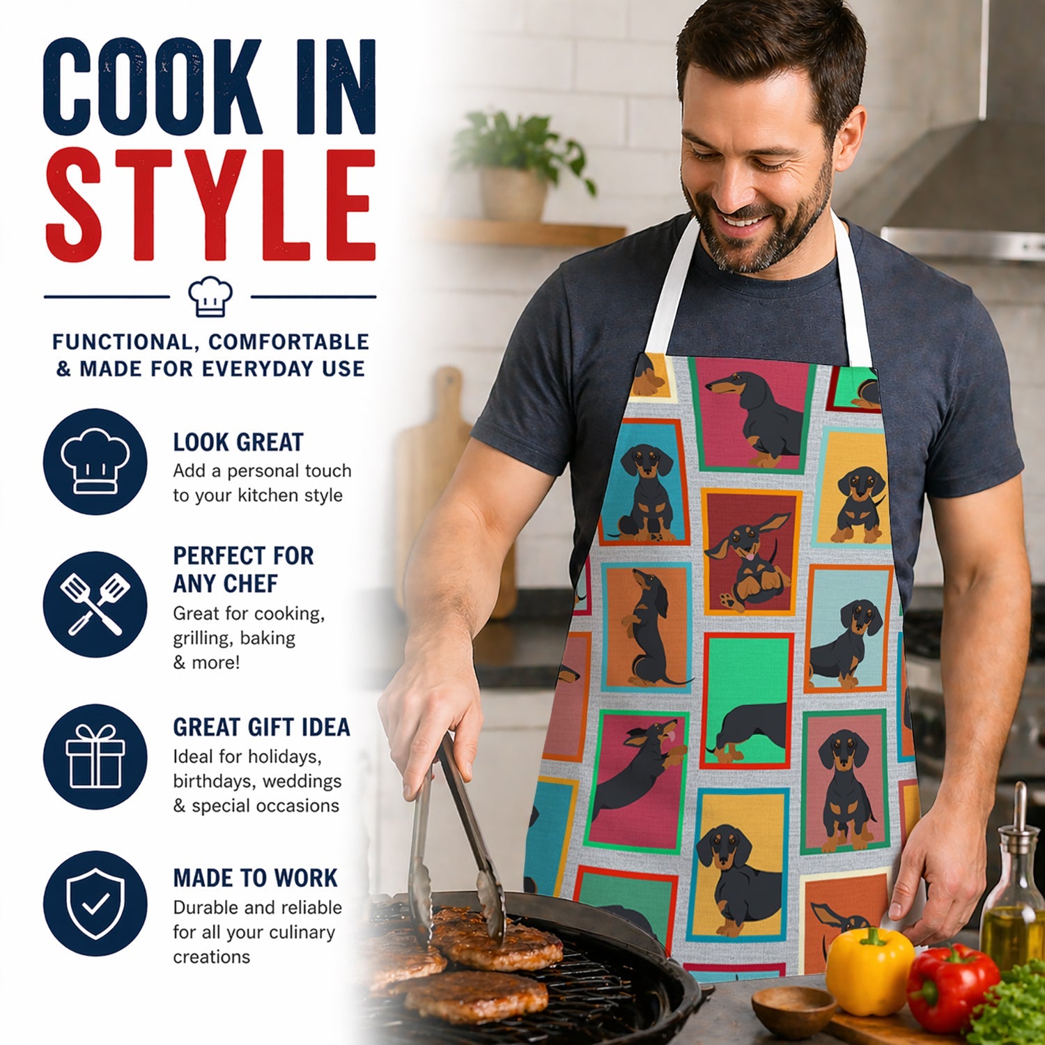 Lots of Black and Tan Dachshund Apron Cooking Kitchen Server Baking Crafts Gardening for Adult Women Men, Unisex, Large, Multicolor