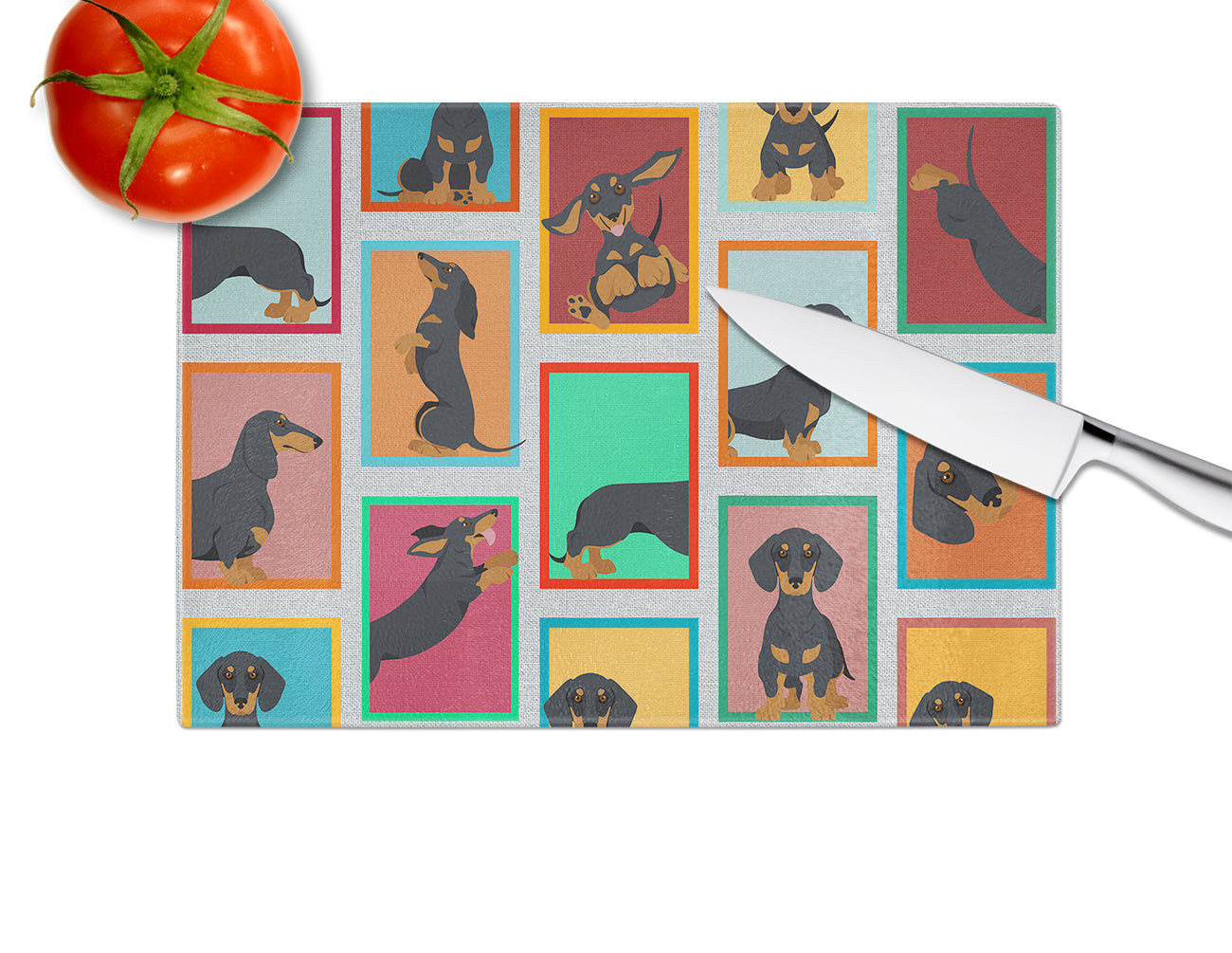 Lots of Black and Tan Dachshund Cutting Board Tempered Glass Kitchen Cutting Surface, Heat Resistant Chopping, Non-Slip Feet, Food Prep & Serving
