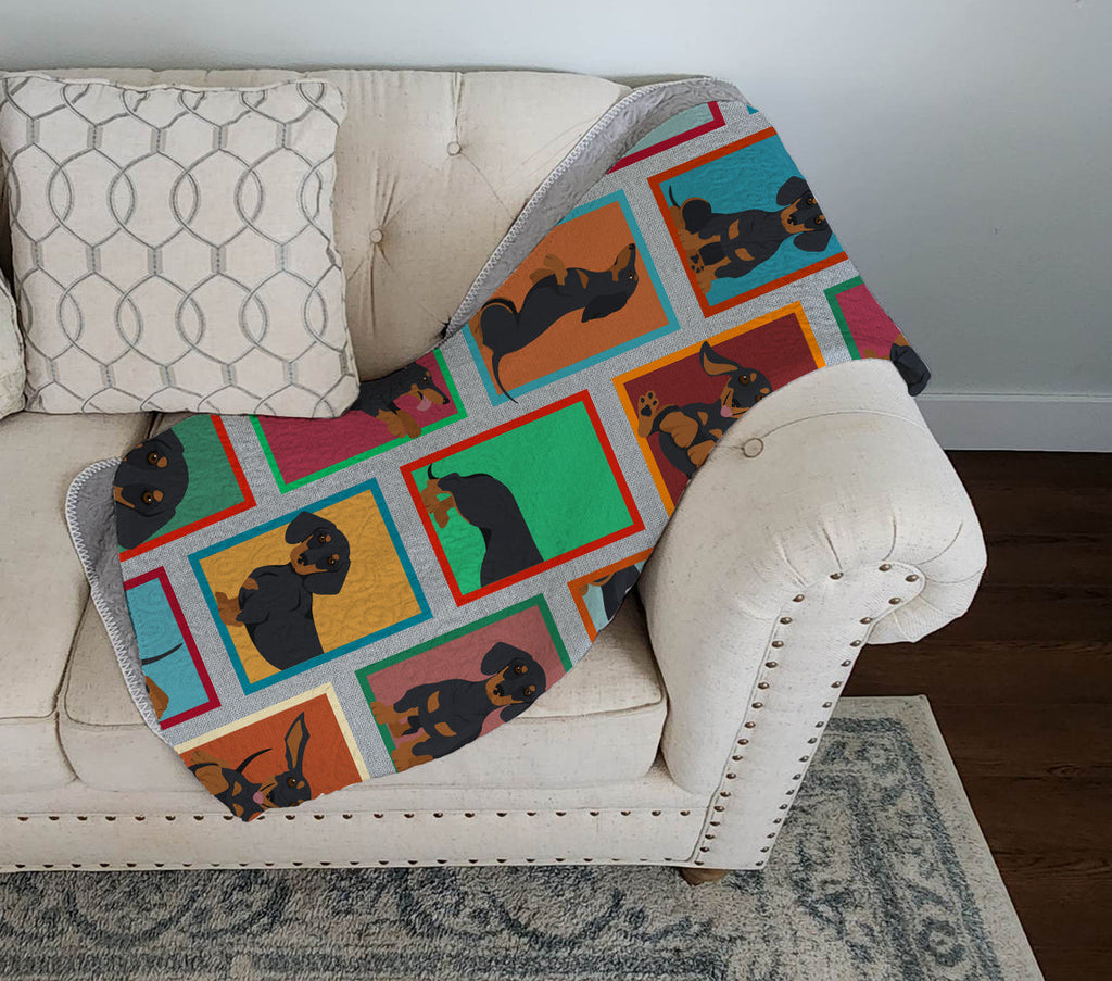 Lots of Black and Tan Dachshund Quilted Blanket 50x60 Artwork Pattern Quilted Throw Blanket for Bed, Couch, Sofa, Soft and Lightweight