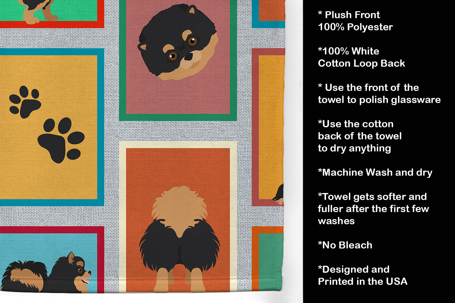Lots of Black and Tan Pomeranian Kitchen Towel Velour Plush Front and Cotton Loop Back Machine Washable