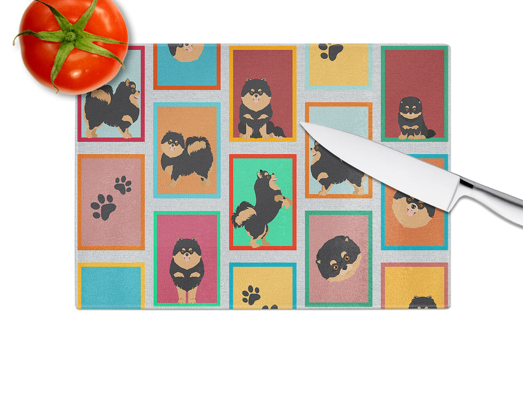 Lots of Black and Tan Pomeranian Cutting Board Tempered Glass Kitchen Cutting Surface, Heat Resistant Chopping, Non-Slip Feet, Food Prep & Serving