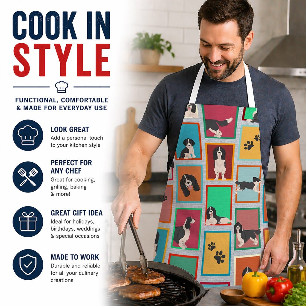 Lots of Black and White English Springer Spaniel Apron Cooking Kitchen Server Baking Crafts Gardening for Adult Women Men, Unisex, Large, Multicolor