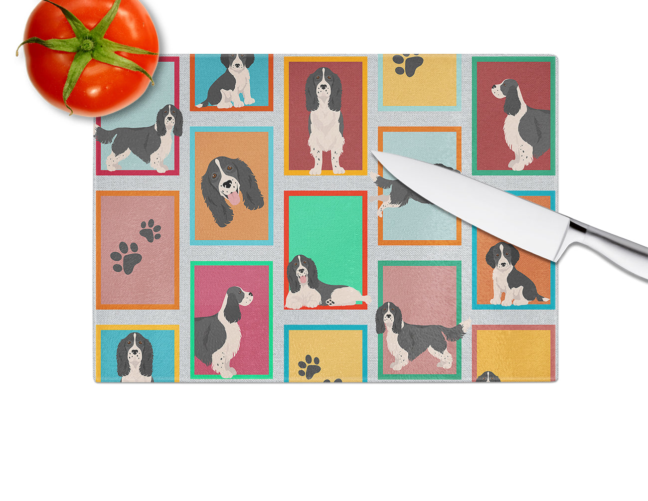Lots of Black and White English Springer Spaniel Cutting Board Tempered Glass Kitchen Cutting Surface, Heat Resistant Chopping, Non-Slip Feet, Food Prep & Serving
