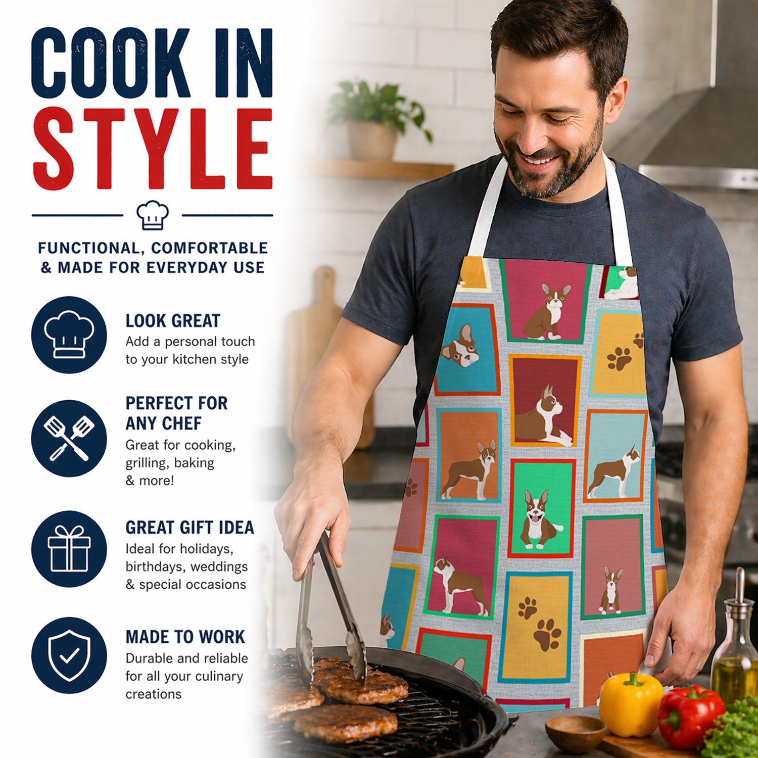Lots of Red Boston Terrier Apron Cooking Kitchen Server Baking Crafts Gardening for Adult Women Men, Unisex, Large, Multicolor