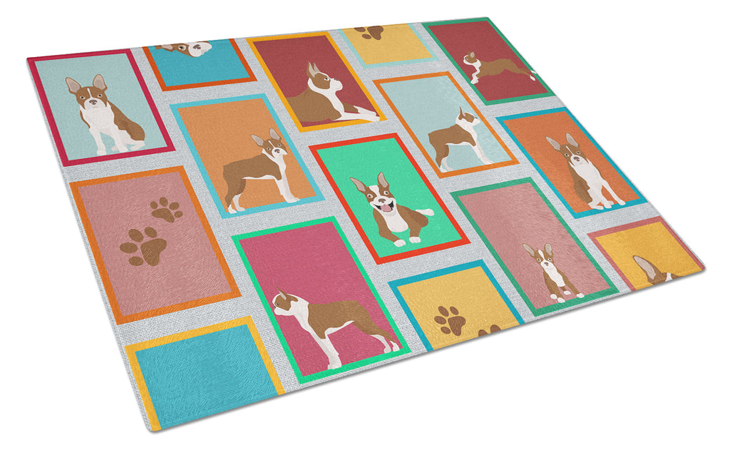 Lots of Red Boston Terrier Cutting Board Tempered Glass Kitchen Cutting Surface, Heat Resistant Chopping, Non-Slip Feet, Food Prep & Serving