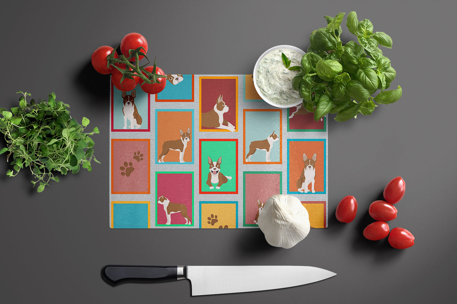 Lots of Red Boston Terrier Cutting Board Tempered Glass Kitchen Cutting Surface, Heat Resistant Chopping, Non-Slip Feet, Food Prep & Serving