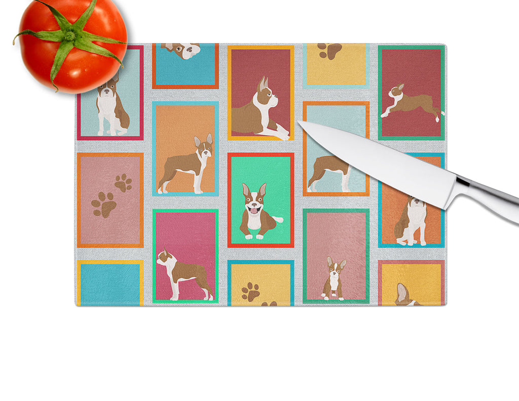 Lots of Red Boston Terrier Cutting Board Tempered Glass Kitchen Cutting Surface, Heat Resistant Chopping, Non-Slip Feet, Food Prep & Serving