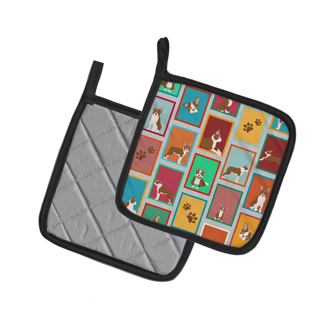 Lots of Red Boston Terrier Pot Holder Set of 2 Heat Resistant Quilted Hot Pads 7.5 x 7.5 Inch, Insulated Kitchen Trivets for Cooking & Baking