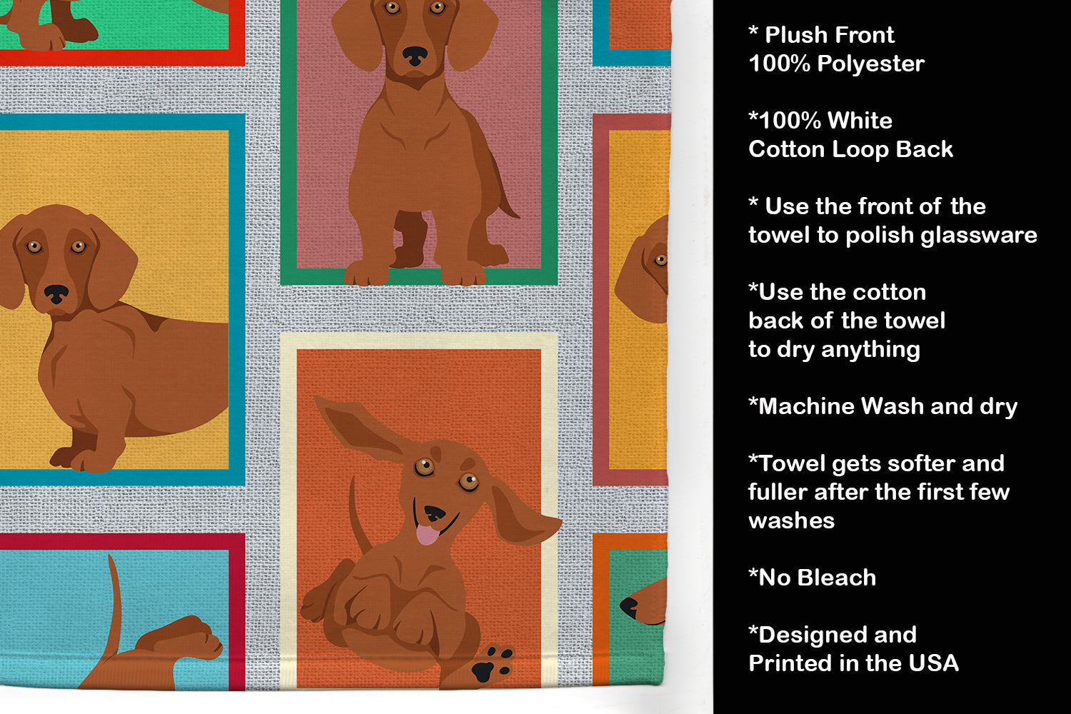 Lots of Red Dachshund Kitchen Towel Velour Plush Front and Cotton Loop Back Machine Washable