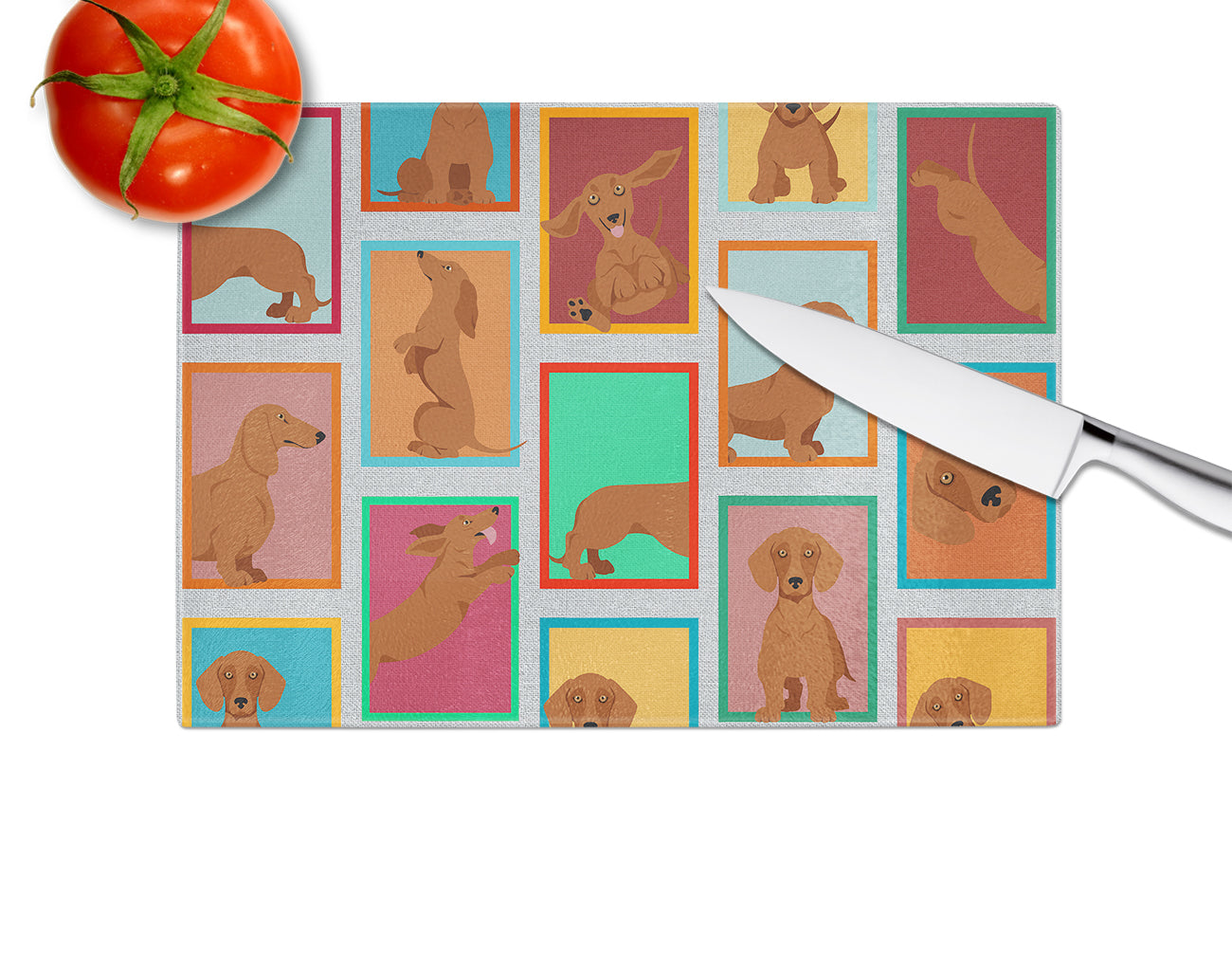 Lots of Red Dachshund Cutting Board Tempered Glass Kitchen Cutting Surface, Heat Resistant Chopping, Non-Slip Feet, Food Prep & Serving