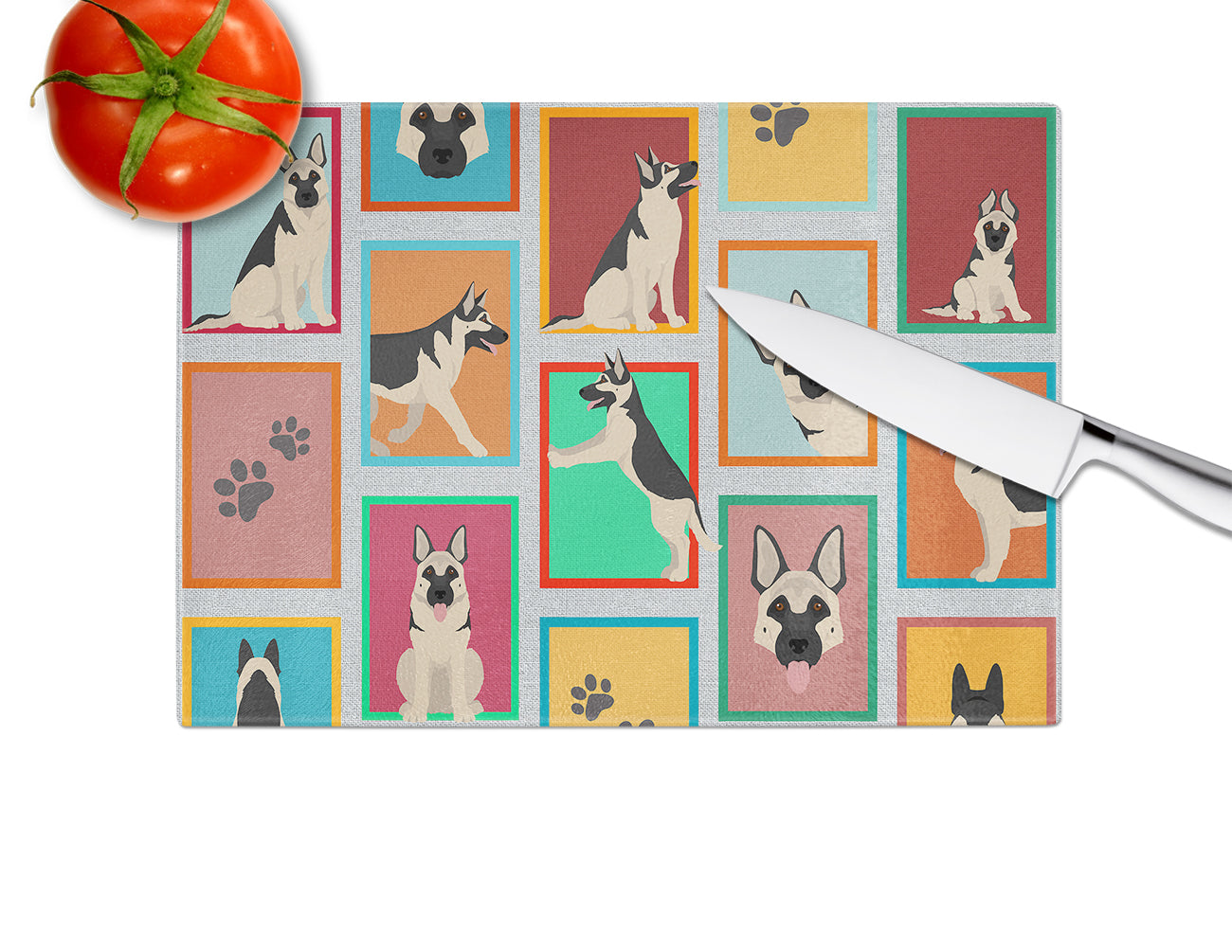 Lots of Black and Silver German Shepherd Cutting Board Tempered Glass Kitchen Cutting Surface, Heat Resistant Chopping, Non-Slip Feet, Food Prep & Serving