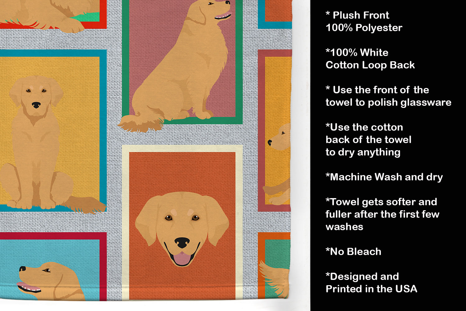 Lots of Golden Retriever Kitchen Towel Velour Plush Front and Cotton Loop Back Machine Washable
