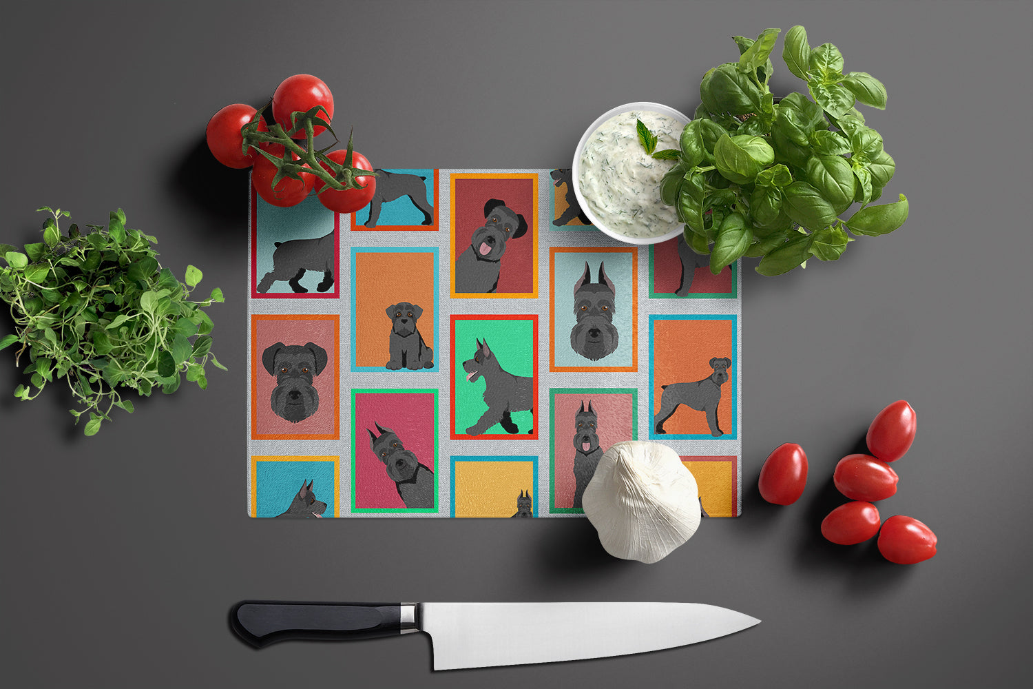 Lots of Black Schnauzer Cutting Board Tempered Glass Kitchen Cutting Surface, Heat Resistant Chopping, Non-Slip Feet, Food Prep & Serving