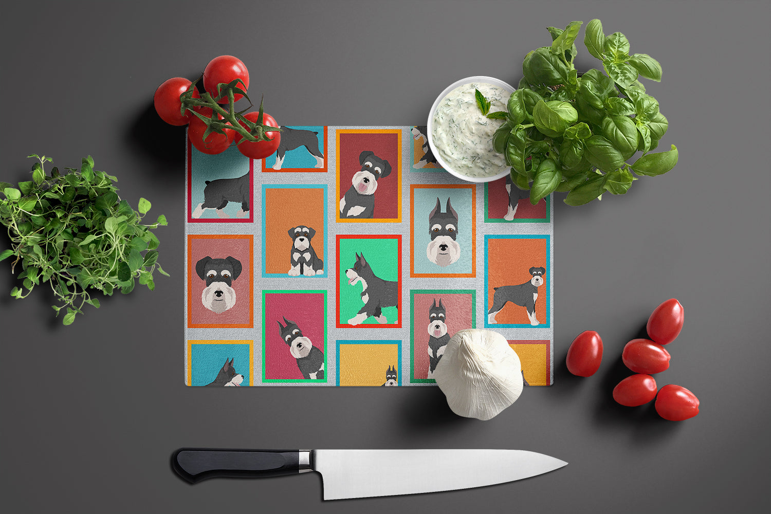 Lots of Black and Silver Schnauzer Cutting Board Tempered Glass Kitchen Cutting Surface, Heat Resistant Chopping, Non-Slip Feet, Food Prep & Serving