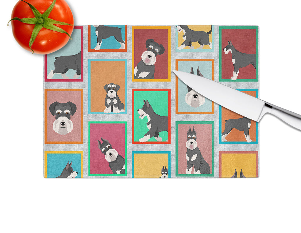 Lots of Black and Silver Schnauzer Cutting Board Tempered Glass Kitchen Cutting Surface, Heat Resistant Chopping, Non-Slip Feet, Food Prep & Serving
