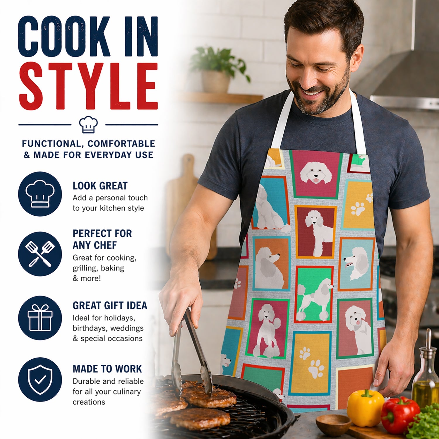 Lots of White Standard Poodle Apron Cooking Kitchen Server Baking Crafts Gardening for Adult Women Men, Unisex, Large, Multicolor