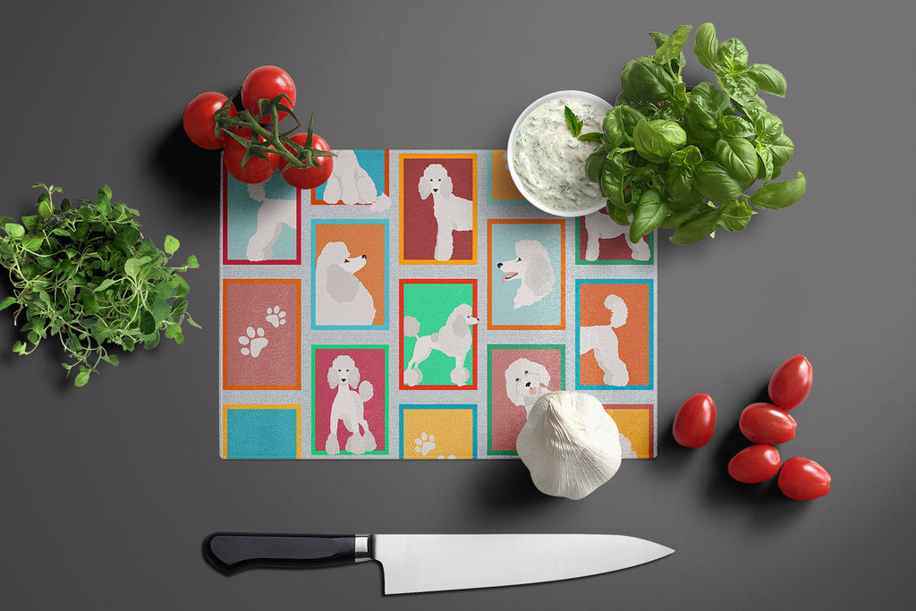 Lots of White Standard Poodle Cutting Board Tempered Glass Kitchen Cutting Surface, Heat Resistant Chopping, Non-Slip Feet, Food Prep & Serving