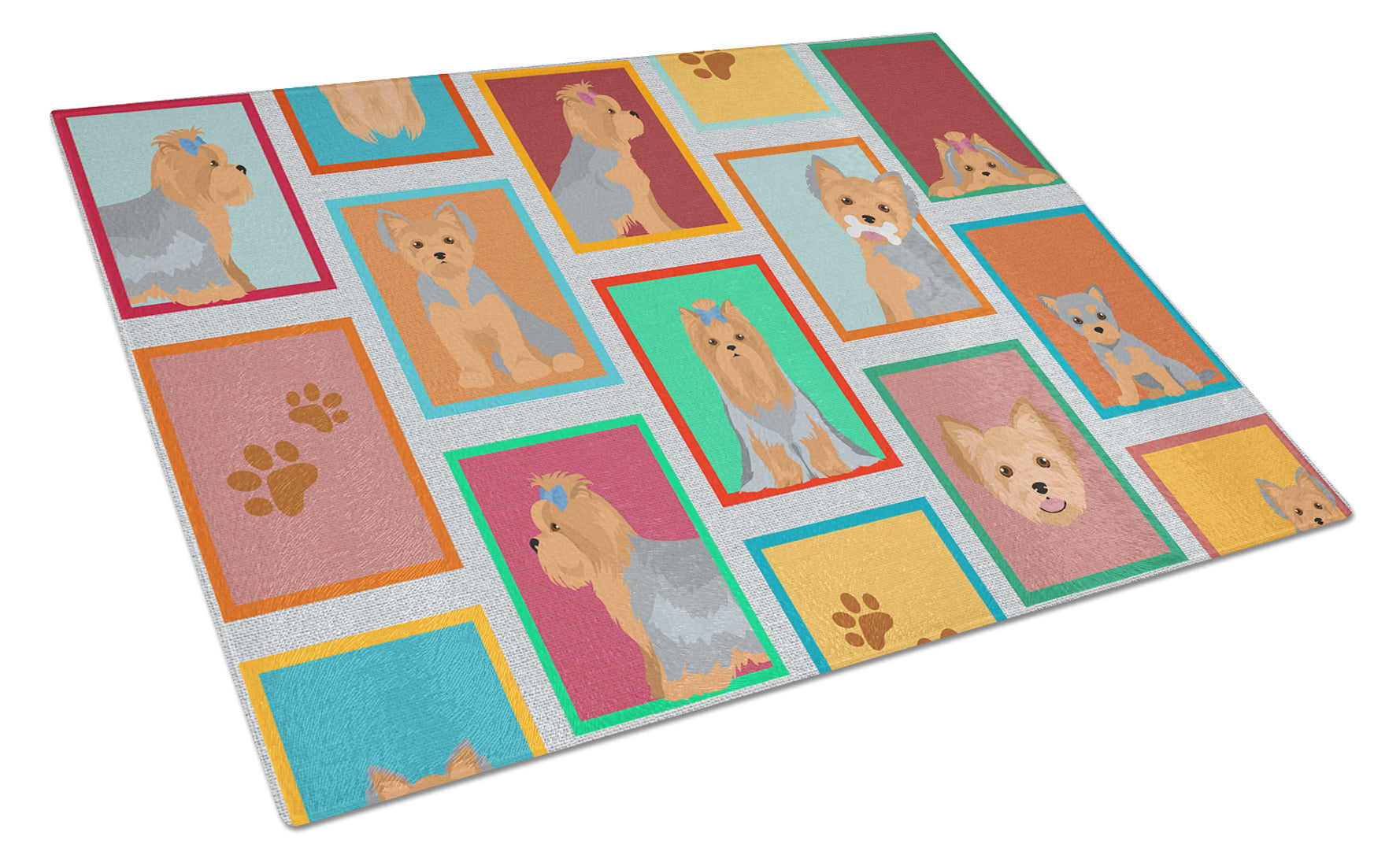 Lots of Blue and Tan Yorkie Cutting Board Tempered Glass Kitchen Cutting Surface, Heat Resistant Chopping, Non-Slip Feet, Food Prep & Serving
