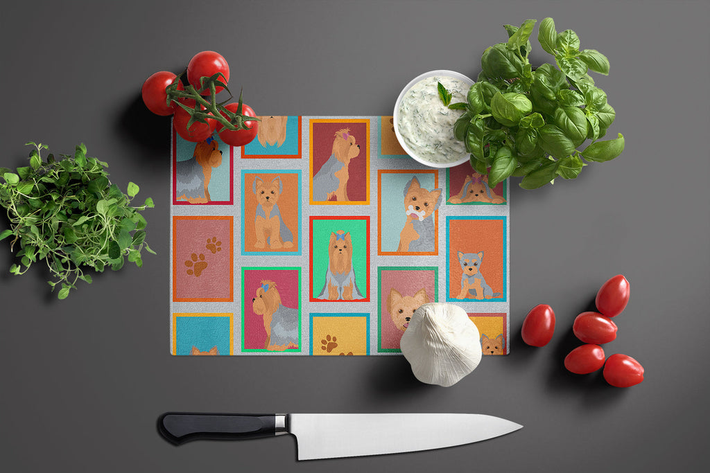 Lots of Blue and Tan Yorkie Cutting Board Tempered Glass Kitchen Cutting Surface, Heat Resistant Chopping, Non-Slip Feet, Food Prep & Serving