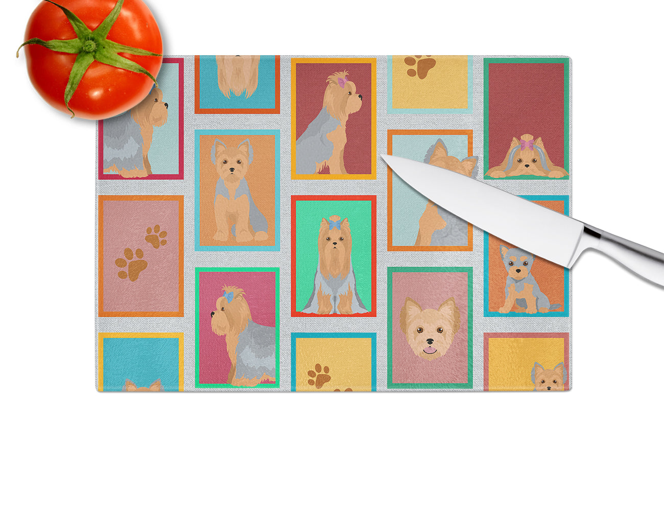Lots of Blue and Tan Yorkie Cutting Board Tempered Glass Kitchen Cutting Surface, Heat Resistant Chopping, Non-Slip Feet, Food Prep & Serving