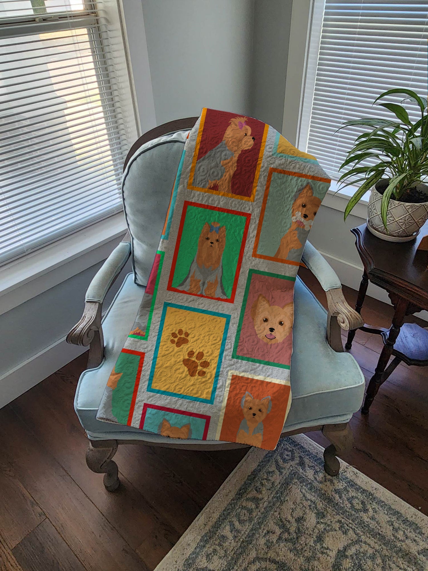 Lots of Blue and Tan Yorkie Quilted Blanket 50x60 Artwork Pattern Quilted Throw Blanket for Bed, Couch, Sofa, Soft and Lightweight