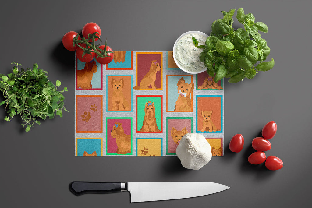 Lots of Red Yorkie Cutting Board Tempered Glass Kitchen Cutting Surface, Heat Resistant Chopping, Non-Slip Feet, Food Prep & Serving